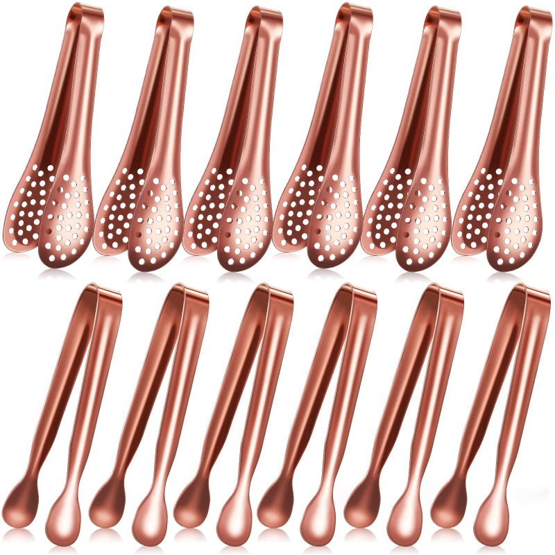 Vesici 12 Pieces Mini Serving Tongs Small Tongs Serving Utensils  Ice Tongs Mini Sugar Tongs  Small Tongs for Appetizers  5 Inch and 4 Inch(Rose Gold) - Image 1